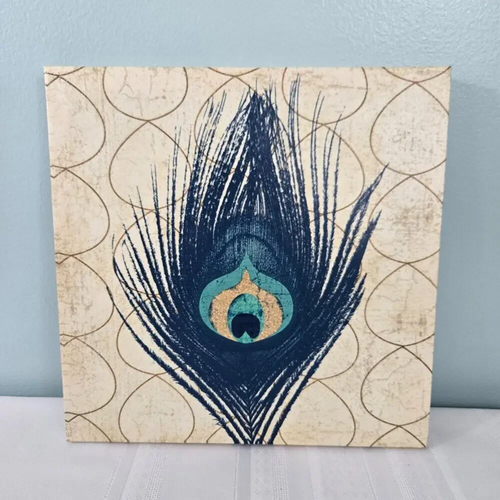 Peacock Feather Vinyl Canvas Prints Wooden Frame Set of 2 - 12x12